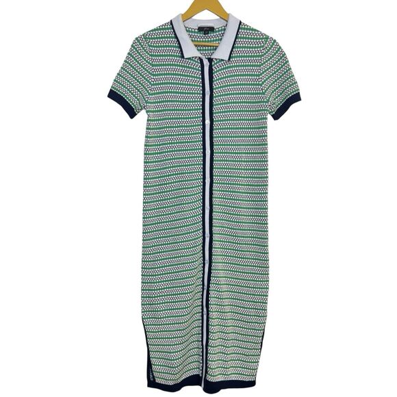 J.Crew Button Up Polo Midi Dress XS Blue Green Collared Wool Slits Tennis Preppy - Picture 1 of 9